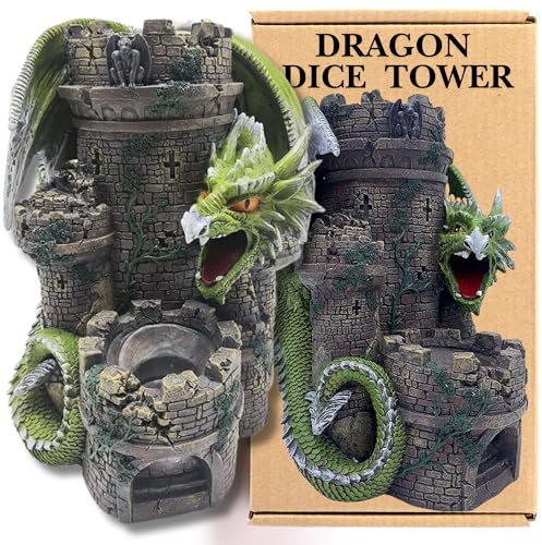 Green Dragon Dice Tower for Rolling Dice | D&D Dice Tower for DnD Dice Set | 26cm Resin TTRPG Dice Rolling Tower | Table Top Games Hand Painted Castle Dice Tower | Large Rollers RPG Accessories