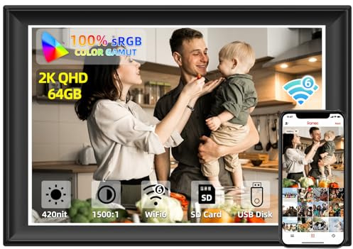 2K 64GB 11inch Digital Picture Frame WiFi6&5G Digital Photo Frame 1920x1280 FHD IPS Touch Screen 100% sRGB,Share Photos & Videos via Frameo App, Extend Storage by SD Card and USB Drive,Clock,Weather
