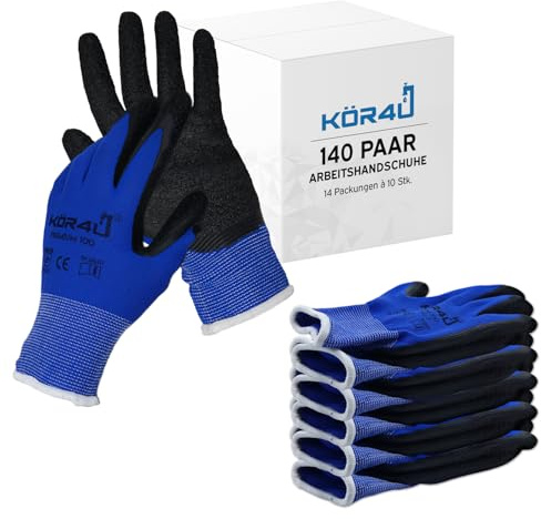 kör4u 140 Paar Arbeitshandschuhe Latex-beschichtet atmungsaktiv, guter Grip