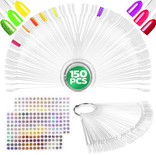 150 st nagelprovspinnar – färgprover med numreringsklistermärken och 3 metallringar – lätta att måla på, enkla att organisera och förvara för proffs och nybörjare | kompatibla med silkesnagelpapper