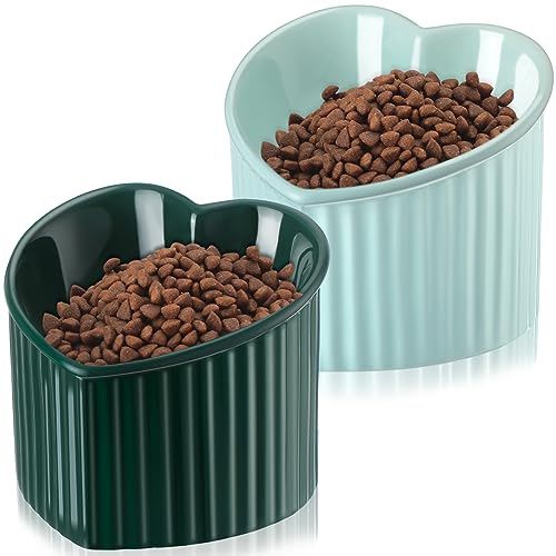 Mumufy 2 Cuencos elevados de cerámica para Gatos, Inclinados, elevados, para Mascotas, Anti vómito, para Interiores, sin estrés, para Cachorros, en Forma de corazón (Azul macarrón, Verde Pavo Real)