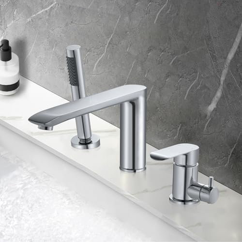 PHASAT Rubinetto per Vasca da Bagno a 3 Fori, con Doccetta e Tubo Flessibile, Miscelatore in Ottone per Bagno Caldo e Freddo Regolabile, Cromo