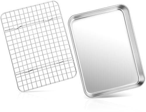 HaWare Teglia da forno con griglia di raffreddamento, in acciaio inox, piccola teglia da forno con griglia di raffreddamento, 26,4 x 20,5 x 2,5 cm, rettangolare, con griglia per torte, lavabile in
