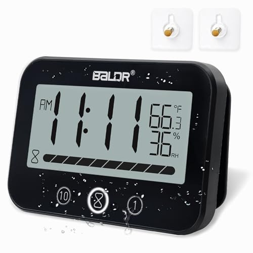 Waterproof Hanging Bathroom Wall Clock with Timer, Large Digital Shower Mirror Suction Clock Thermometer Hygrometer, Visual Kitchen Cooking Countdown Timer, Bath Temperature Humidity Meter (Black)