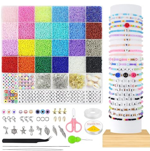 Logei 17000 Stück 2mm Bunte Perlen Zum Auffädeln - Bracelet Making Kit Mit Buchstaben-, Glas- Und Smiley Perlen Für DIY-Armbänder, Halsketten