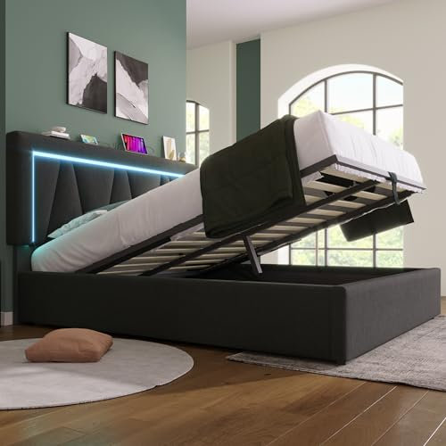 Kayan Polsterbett 160x200cm, Doppelbett mit Stauraum und Lattenrost, LED Kopfteil mit USB Typ C Ladefunktion, Stauraumbett Funktionsbetten Rückenlehne Bettgestell, Leinen (Grau, 160x200cm)