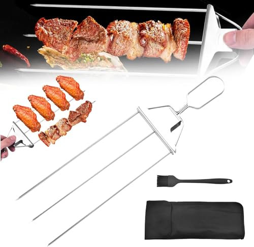 Kolarmo Gelmalls 3-Wege-Spieße, 3-Wege-Grillspieße – Grillsavant, 3-Zinken-Edelstahl-Spieße, 37,3 cm, mit Schiebestange, wiederverwendbare Grillspieße für Fleisch, Gemüse, Obst (1 Set), 24431544