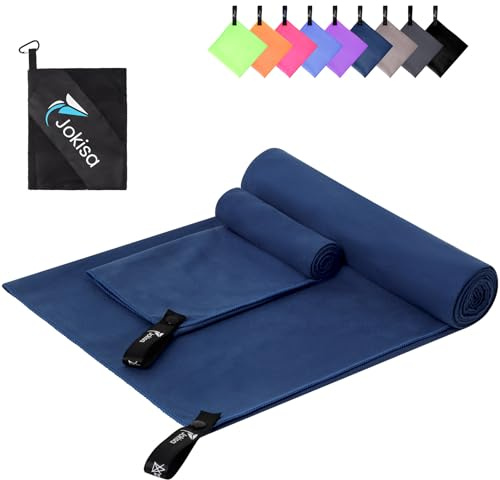 Jokisa Toalla Microfibra Set de 2 - Toalla Playa 180X90CM + Toalla Gimnasio 80X40CM, Toallas Microfibra sin Arena de Secado Rápido para Camping Sauna Playa Senderismo (Azul Marino)