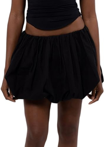 Acrawnni Damen Puff-Minirock, Laternenrock, Y2K, lässig, lockere Passform, elastische Taille, einfarbig, kurzer Puffballrock, Ballonrock, A-schwarz, L