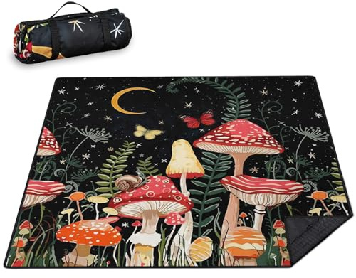 Pilz-Picknickdecke, wasserdicht, faltbar, Picknickdecke, 203,2 x 203,2 cm, 3-lagig, dick, Outdoor-Picknickdecke, sanddicht, leicht, Strand-Picknickdecke mit Gurt, maschinenwaschbar