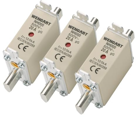 Wengart Pack De 3 Fusibles De Cuchilla NH000 gG (20A), Enlaces Fusibles De CA 500V Para Protección De Líneas Y Motores, Alta Capacidad De Ruptura 120kA, Tamaño Compacto Para Bases NH00
