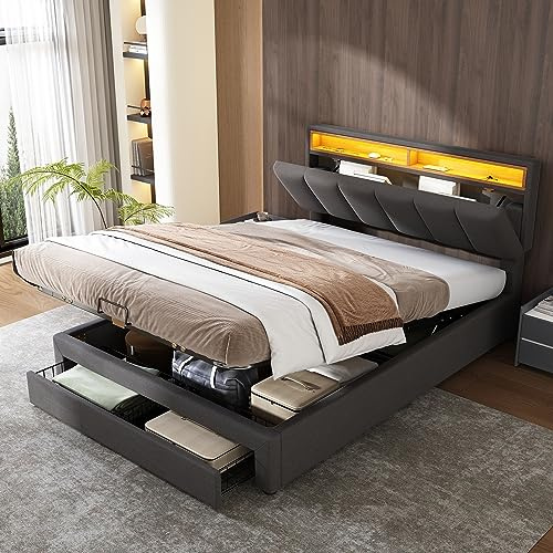 Ymkua Polsterbett Doppelbett 140x200 cm, Bett mit Stauraum, Jugendbett mit LED-Beleuchtung, Bettgestell mit Schubladen und Staufächern, Stauraumbett mit Kopfteil und Lattenrost, Grau, Ohne Matratze
