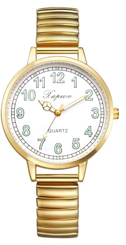 Silverora Damenuhren Elastische Großes Zifferblatt:Klar Leicht Ablesbare Analoge Quarz Uhren Damen Lechtende Armbanduhren mit Edelstahl Stretchband Geschenke für Frauen Ältere Gold