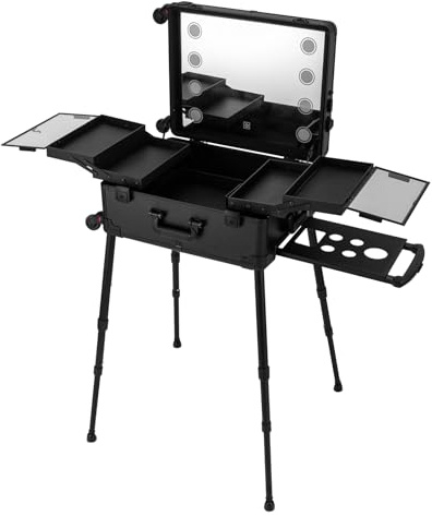 Kosmetikkoffer Aluminium Make-up Koffer 3 in 1 Profi Groß Schminkkoffer Rolling Cosmetic Organizer, 21 Zoll Travelling Beauty Case mit Spiegel, LED-Licht, Ausziehbare Tabletts & Verstellbare Beine