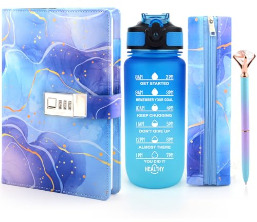 Tagebuch mit Schloss Mädchen Trinkflasche, Weihnachten Geschenke für Mädchen 8 9 10 11 12 13 Jahre, Geburtstag Geschenk Teenager Alter 7-14, Wasserflasche Schule Stift Notizbüch mit Code Journal
