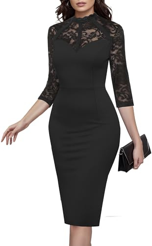 HOMEYEE Damen Vintage 3/4 Ärmel Stehkragen Abend Etuikleid Blumen Spitze Midi Cocktailkleid B1196 (L, Schwarz)