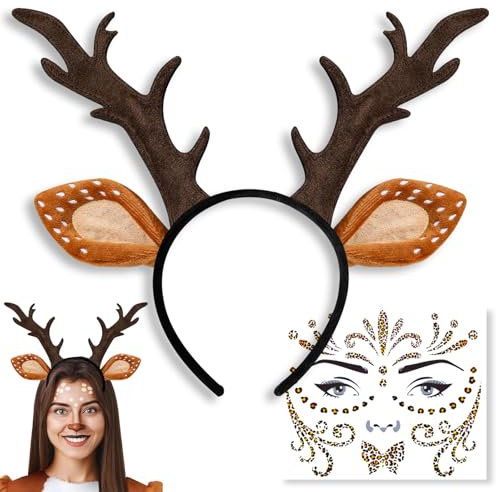 Axinyijia Reh Geweih Haarreif, Karneval Reh Kostüm Set für Damen Kinder, Reh Ohren Rentier Haarreif mit Gesichtstattoo für Fasching Cosplay