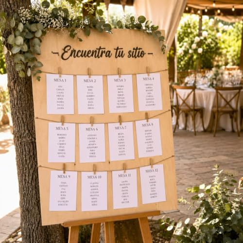 Nomart Seating Plan Boda Personalizado de Madera | Estructura Seating Plan con Pinzas | Plan de Asientos para Boda | Seating Chart Rústico | Cartel Seating Plan