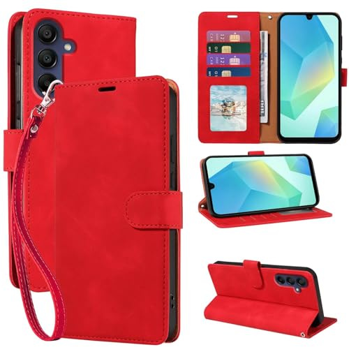 GOTOURED RFID Blocking for Samsung Galaxy A16 Case Wallet (Red) | 4 Card Slots, Soft PU Leather, TPU Inner Shell, Wrist Strap, Kickstand, Magnetic Folio Flip Cover, Shockproof Protective