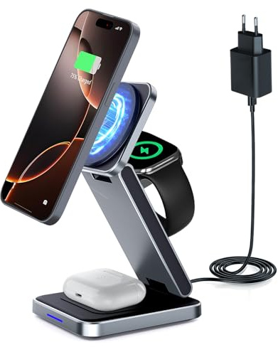 Nelbons 3 in 1 Schnelles Kabelloses Ladestation Apple Watch und iPhone, Mag Safe iPhone Ladestation für 16/15/14/13/12 Pro max, induktive für Apple Watch 10-2/SE und AirPods 3/2/Pro