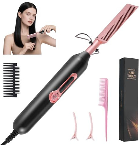 Electric Hot Comb Hair Straightener, Professional Portable Ceramic Beard Straightener Brush with Temperature Display, Anti-Scald Pressing Combs for Wigs Afro Hair Lace Wigs & Beard