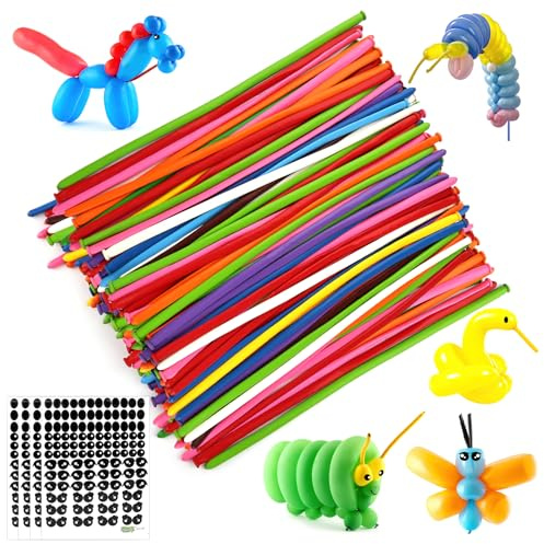 Deepton Lot de 200 ballons à modeler longs malléables en forme d'animaux avec 4 autocollants, ballons longs à mouler, ballons colorés pour fête, mariage, anniversaire