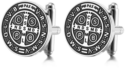 TEAMER Boutons de manchette Saint Benoît Boutons de manchette Saint Benoît en acier inoxydable Bijoux Religieux Jésus Croix Amulette de Force Paix Prière Pour Hommes et Femmes (Argent)