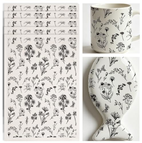 SUPERDANT 4 st keramiska överföringspapper blommor och växter för keramik svarta dekaler klistermärken överföring DIY tillbehör hantverk vattendekal