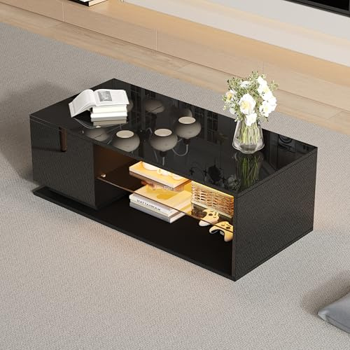 DUlVBPE LED Couchtisch, Hochglanz Couchtisch, Wohnzimmertischmit Beleuchtungund LED-Lichtleiste, Kaffeetisch mit Stauraum,105x50x36cm
