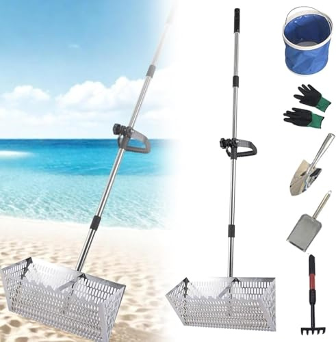 Juego de rastrillo para pulgas de arena, tamiz de arena de playa de acero inoxidable de acero al carbono con cesta ancha de dientes de tiburón, agarre antideslizante, rastrillo de mango largo