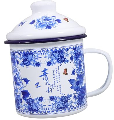TOPPERFUN Tazza da Tè Smaltata con Coperchio Capacità Leggera e Pratica per Casa Ufficio e Viaggi Design Elegante e Facile da Impugnare per Acqua e Tisane Vintage