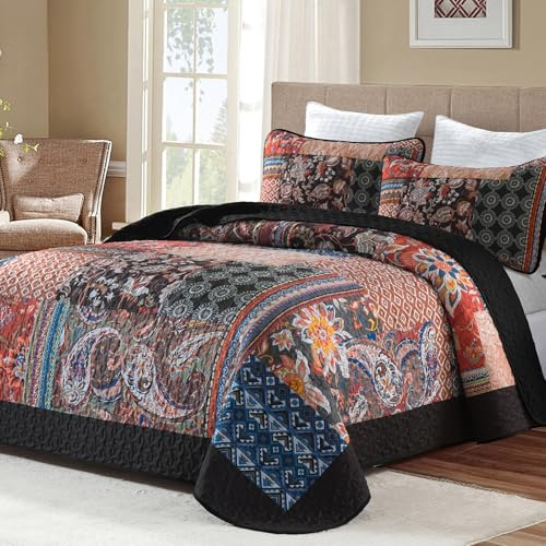 DJY Patchwork Quilt Set Queen Size Boho Bedspread Coverlet, Black Coral 3 Pieces Paisley Floral Quilted Bedding Set, Lightweight Bohemian Farmhouse Reversible Bed Cover for All Season 96''x90''
