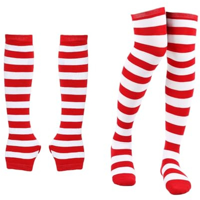 Lyramis Ringelsocken Rot Weiß Und Handschuhe,Karneval Gestreifte Rot Weiss Kostüm Damen Zubehör,Ringelstrümpfe Stulpen,Gestreift Kniestrümpfe,Rot Weiss Karneval für Erwachsene Fasching Cosplay Party