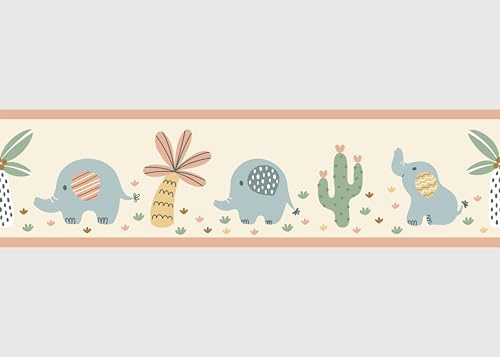 Selbstklebende Bordüre Pfirsichfarbene Elefanten AG Design, AWBD 8504 | Wasserfest Kinderzimmer Wand Aufkleber Dekoration | Wandbordüre für Mädchen und Junge | Folie | Breite 500 cm x Höhe 13.8 cm