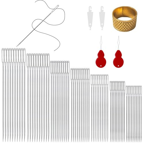 VEGCOO 75 Stück Set Nadeln Großem Öhrn Großem Öhr, 7 Größen von Stahl Nähnadeln mit Nadeleinfädler und Fingerhüte, Sticknadeln, Nähen Nadeln Set für Webarbeit Stricken Sticken Nähen