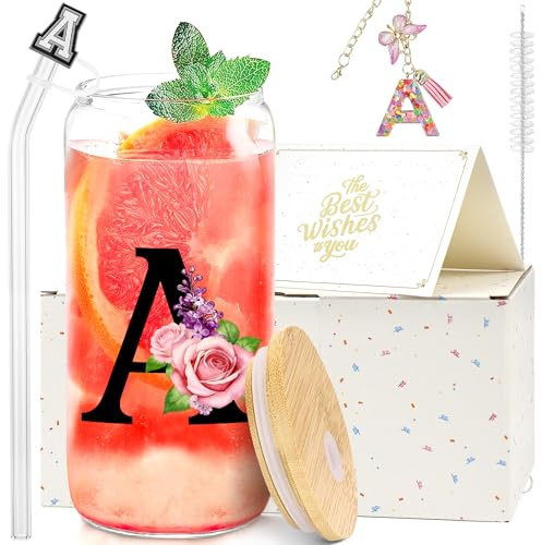 ZIOSINM Bicchiere in Vetro con Coperchio e Cannuccia Personalizzata (A) | Regalo Donna per la Festa Della Mamma, San Valentino o Natale