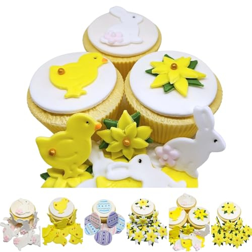12 X Mixed - Daffodils - Easter Bunnies - Chicks - Edible Easter Cake Cupcake Topper Decorations - Handmade Sugar Paste Cake Decorations * 6 STYLES TO CHOOSE FROM * ... (12 x mixed)