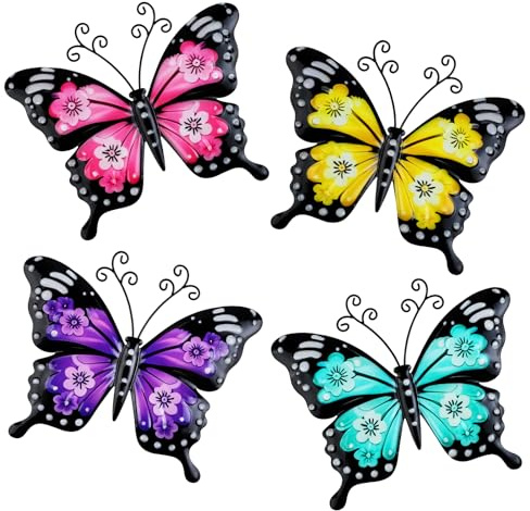 YiYa 4 PCS Metal Butterfly Garden Decorations Metal Butterfly Wall Decorations Metal Butterfly Wall Art for Garden Courtyard Fence Livingroom Bedroom Decoration