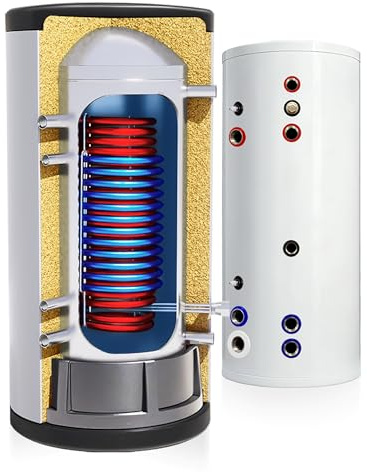 TECHGLOBE - Acumulador de agua caliente - 2 intercambiadores de calor (0,6 + 1,6 m²) - acer inoxidable - bajo consumo energético - aislamiento de 50 mm - Termo vertical (150 L)