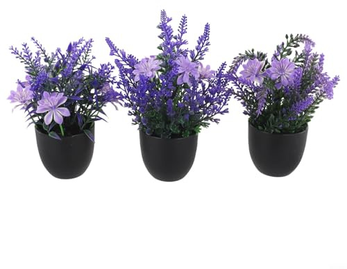 Paquete de 3 plantas artificiales de lavanda con maceta, pequeñas hierbas falsas en maceta para decoración del hogar, mantenimiento de flores sintéticas moradas para escritorio, centro de mesa