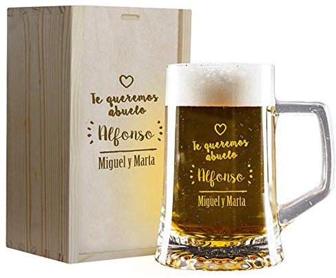 CALLE DEL REGALO Jarras de cerveza personalizadas para regalar (Jarra de Cerveza ‘te Queremos’ grabada con tu destinatario, su Nombre y el vuestro en Caja de Madera también grabada)