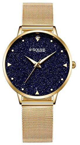 Alienwork Armbanduhr Damen Gold Metall Mesh Armband Edelstahl Blau echtes Marmor Zifferblatt