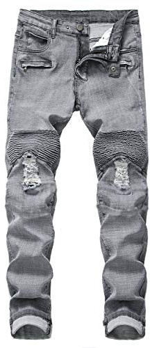 QIMYUM Men's Slim Fit Stretch Jeans Distressed Straight Leg Denim Pants, Fashion Biker Jeans Ripped Skinny Jeans for Men Gray