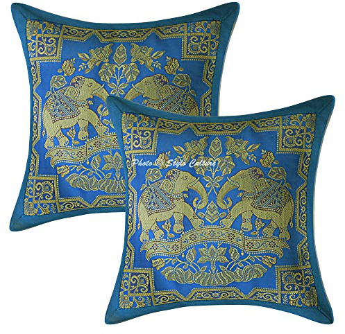 Stylo Culture Bohemio Forros para Cojines Decorativos 30x30 cm Brocado De Seda Elefante Fundas De Almohadones Cama Turquesa 12x12 Inch Jacquard Cuadrado Cremallera Fundas De Cojines De Sofa - 2 Pcs