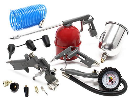 Wiltec Kit accessori per compressore aria 13pz con pistole a spruzzo, ugelli, tubo, attrezzi pneumatici