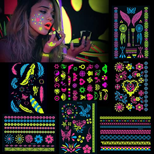 Konsait 7 groß Blätter Klebetattoos temporäre Neon Tattoos schwarzlicht schminke UV Body & Face Painting Tätowierung Aufklebe für Frauen männer, Accessoire für Schwarzlicht UV Party & Festivals