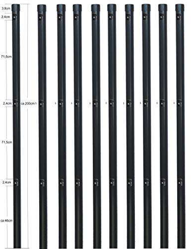 EXCOLO 10er-Set Metall-Zaunpfosten Ø34 mm, 2,0 m, pulverbeschichtet anthrazit RAL 7016, inkl. 3 Spanndrahthalter & Pfostenkappe, zum Einbetonieren – für Maschendrahtzäune bis 1,5 m Höhe