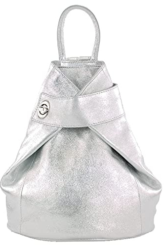 modamoda de - T179 - ital: Damen Rucksack Tasche aus Leder, Farbe:Silber-Metallic