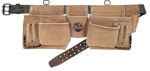 Graintex DS2038 12 Pocket Professional Work Apron Beige Color Suede Leather with 2” Leather Belt, 2 Hammer Holders for Constructors, Electricians, Plumbers, Handymen
