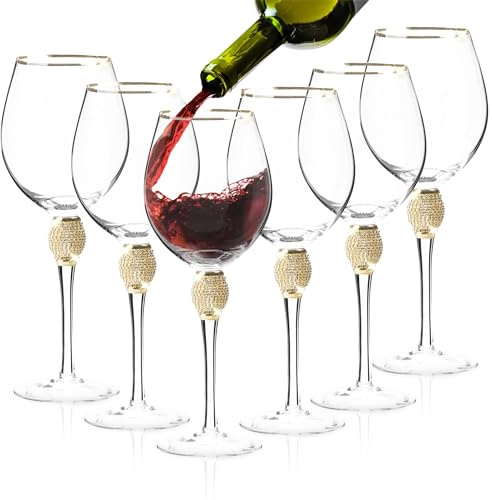 BERKWARE Juego de 6 copas de vino – Lujosas y elegantes copas de vino tinto de tallo largo con borde dorado
